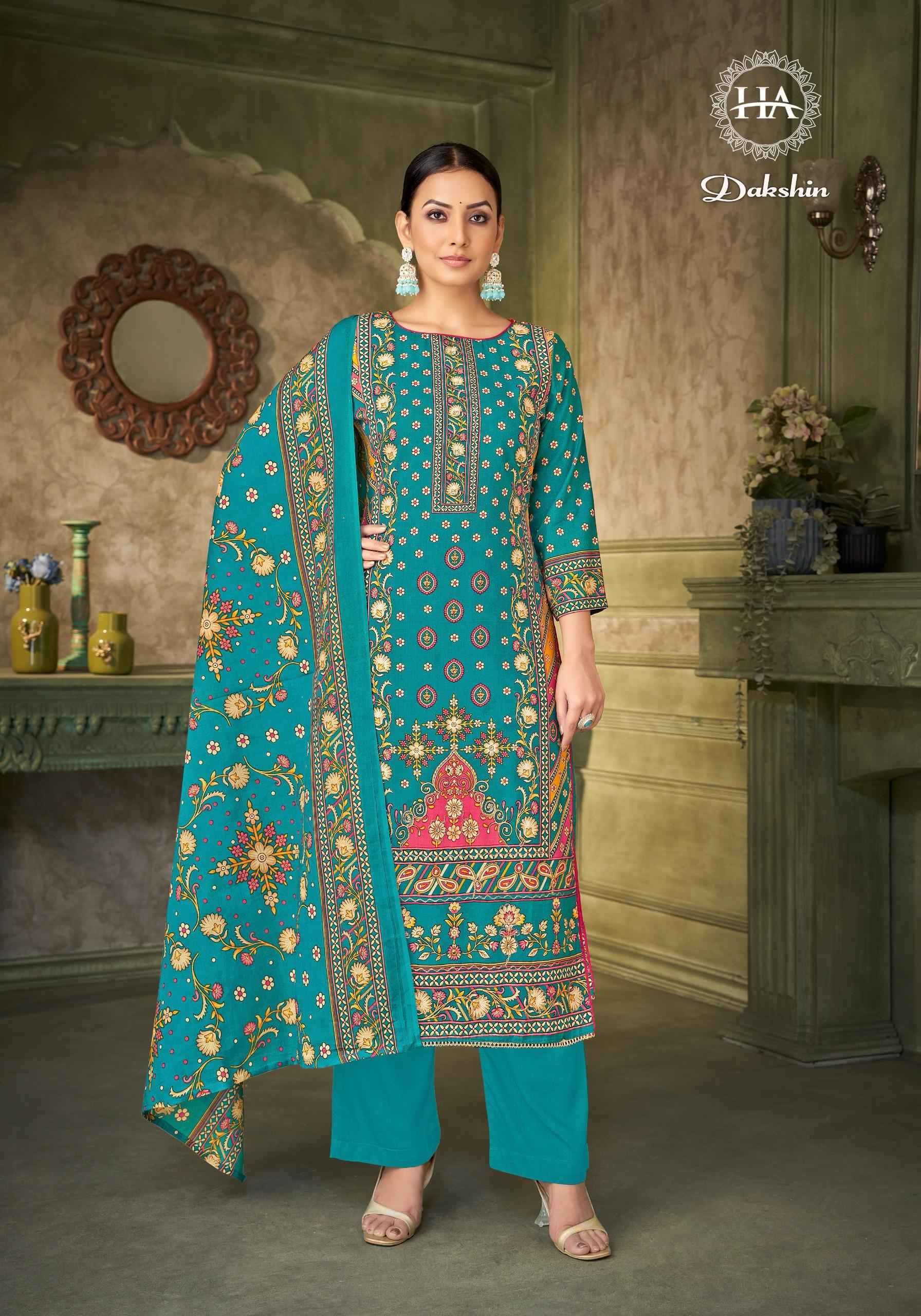  HARSHIT FASHION HUB DAKSHIN PURE VISCOSE REYON FANCY PRINT HAND WORK DRESS MATERIAL