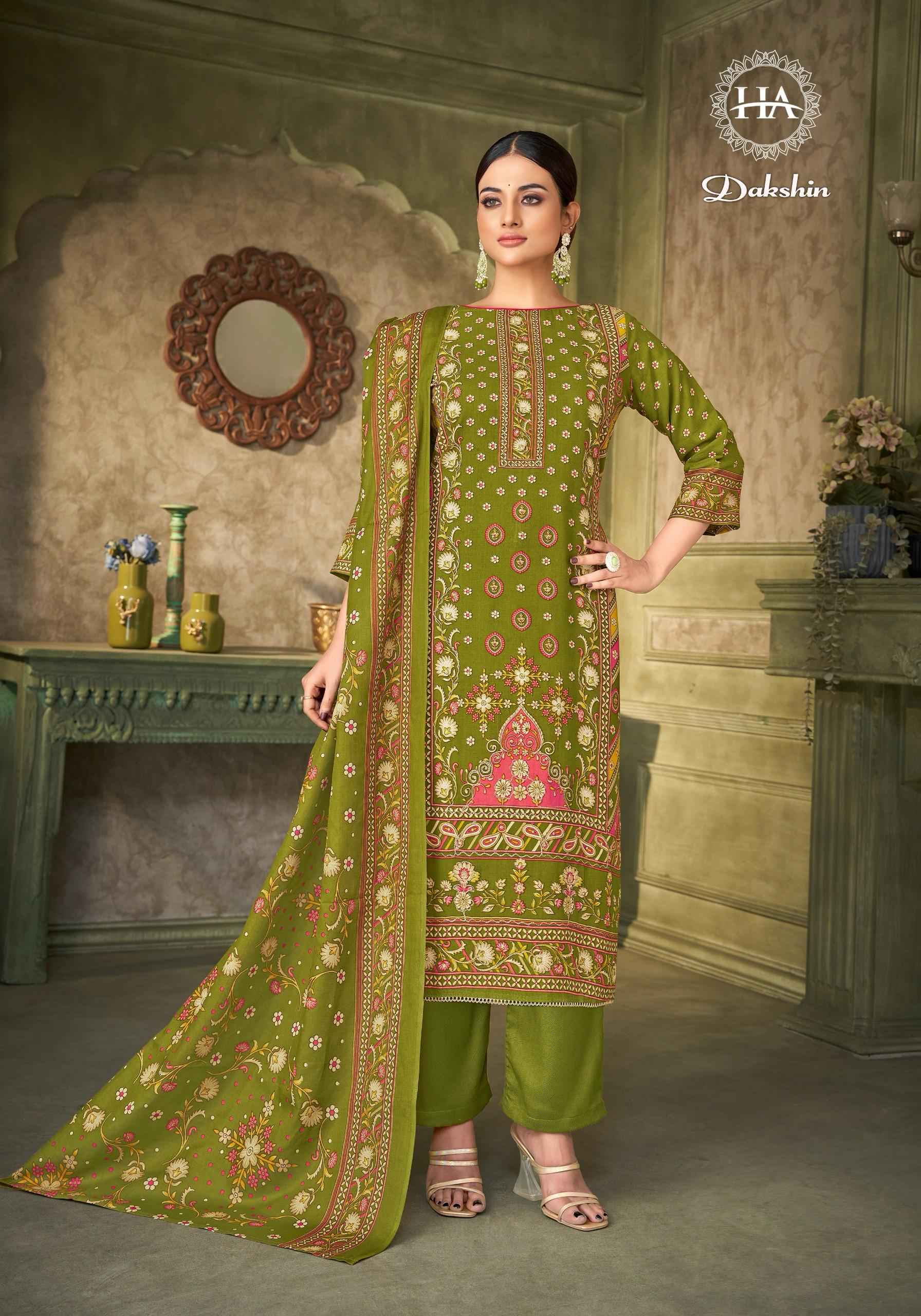  HARSHIT FASHION HUB DAKSHIN PURE VISCOSE REYON FANCY PRINT HAND WORK DRESS MATERIAL